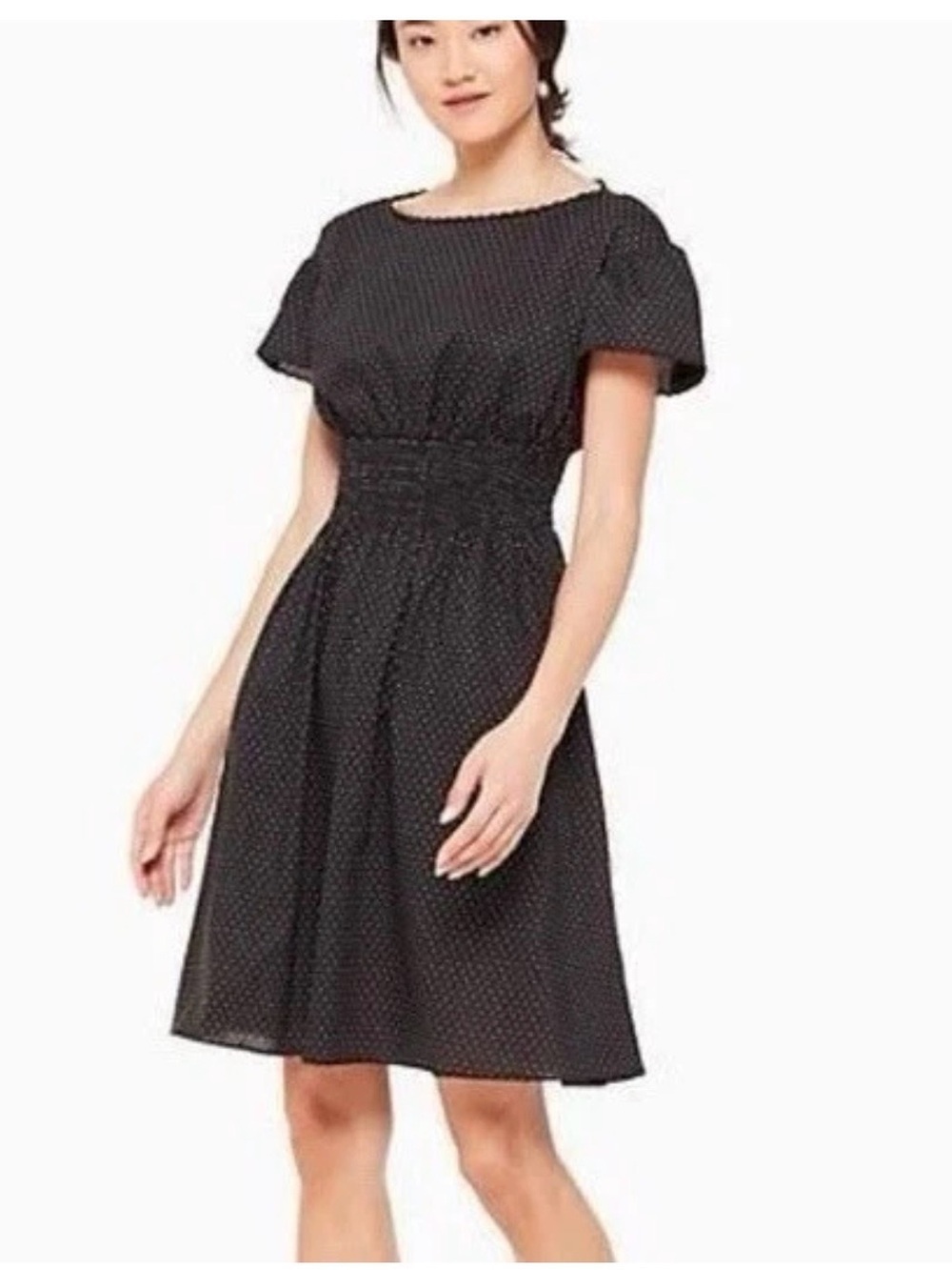 Kate Spade New York Pin Dot Scallop Poplin Mini Dress Smocked Black Size XS